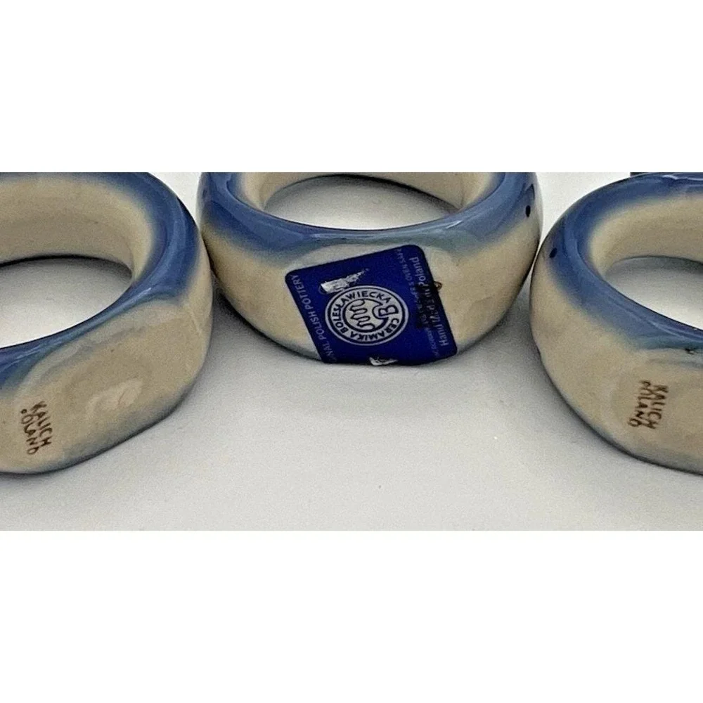 3 Kalich Poland Polish Hand Painted Napkin Rings Blue Floral Porcelain New